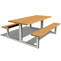 Outdoor picnic wood table with attached bench
