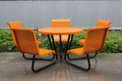 Round steel outdoor picnic table with chairs