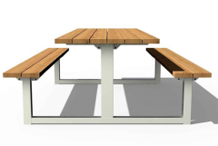 Outdoor picnic wood table with attached bench