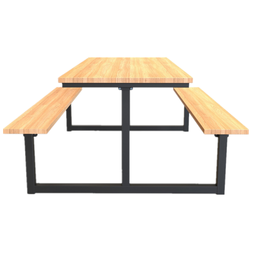 Outdoor picnic wood table with attached bench