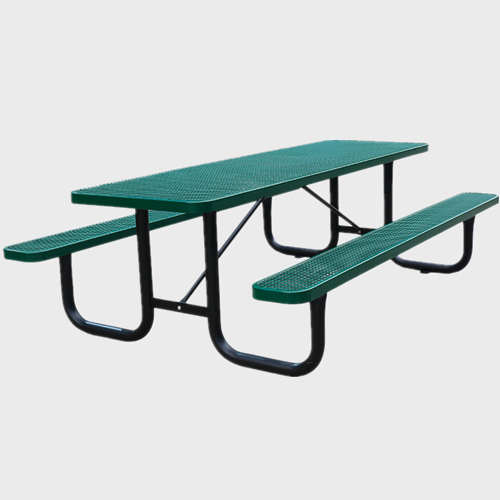 Outdoor long metal picnic benches and tables