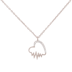 Delicate 925 Sterling Silver Pave Cubic Zirconia Heartbeat Necklace for Her