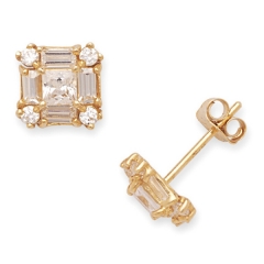 925 Sterling Silver 14K Gold Plated Cubic Zirconia Square Stud Earrings