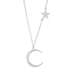 925 Sterling Silver Cubic Zirconia Crescent Moon and Star Necklace