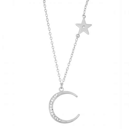 925 Sterling Silver Cubic Zirconia Crescent Moon and Star Necklace