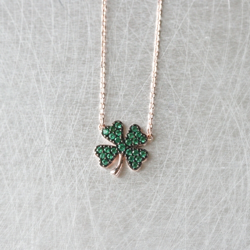 925 Sterling Silver Two Tone Plated Emerald CZ Four Leaf Clover Necklace
