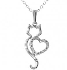 Animal Jewelry Sterling Silver Cubic Zirconia Heart Cat Pendant Necklace