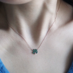 925 Sterling Silver Two Tone Plated Emerald CZ Four Leaf Clover Necklace