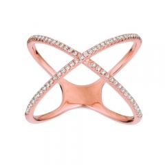 Popular Jewelry Rose Gold Plated Cubic Zirconia Sideway Cross Silver X Ring