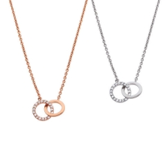 Rose Gold Plated Sterling Silver Pave CZ Double Circle Link Interlocking Necklace