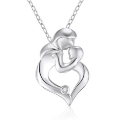 Sterling Silver Matt Gold CZ Mother and Child Heart Pendant Necklace
