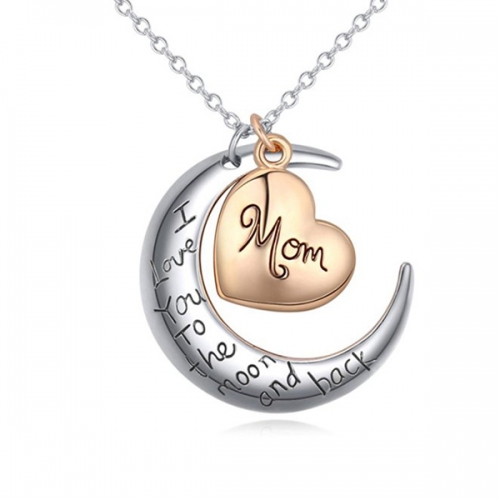 Two Tone Plated I Love You to the Moon and Back Crescent Moon and Heart Necklace
