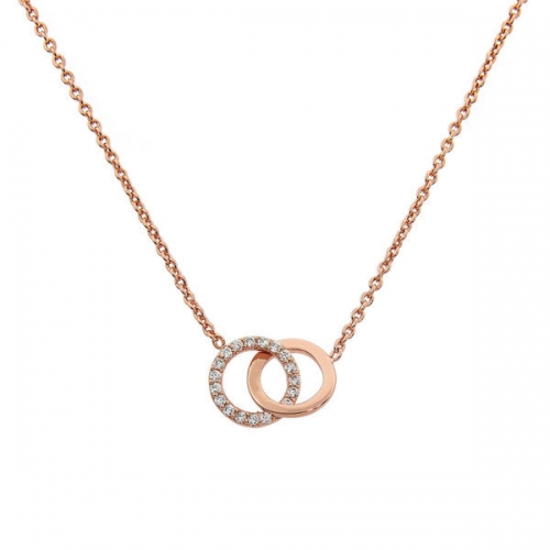 Rose Gold Plated Sterling Silver Pave CZ Double Circle Link Interlocking Necklace