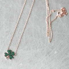 925 Sterling Silver Two Tone Plated Emerald CZ Four Leaf Clover Necklace