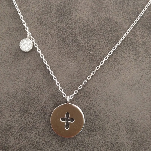 925 Sterling Silver Cut Out Cross Disc Accented by CZ Disc Necklace