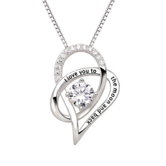 I Love You to the Moon and Back CZ Heart Pendant Necklace in Silver