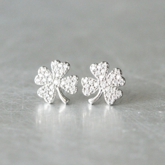 Rhodium Plated Prong Setting Cubic Zirconia Four Leaf Clover Earrings
