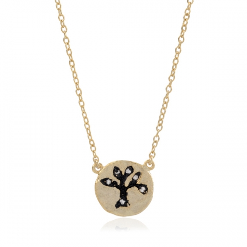Two Tone Plated Sterling Silver Cubic Zirconia Round Tree Necklace