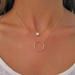 14K Gold Plated Sterling Silver Cubic Zirconia and Circle Double Layered Necklace