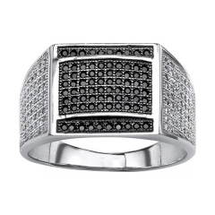 Two Tone Plated Sterling Silver Black and White Pave Cubic Zirconia Men's Ring