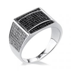 Two Tone Plated Sterling Silver Black and White Pave Cubic Zirconia Men's Ring