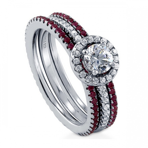 Sterling Silver White and Ruby Cubic Zirconia Halo Ring Set for Wedding