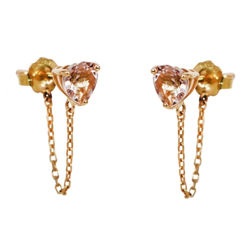 Women Sterling Silver Pink Stone Heart Shaped Hanging Chain Stud Earrings
