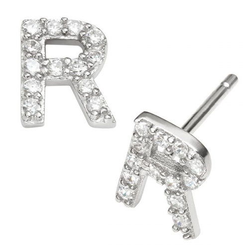 Sterling Silver Cubic Zirconia Letter of an Alphbet R Small Stud Earrings
