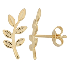China Manufacturer Sterling Silver 14K Gold Olive Branch Leaf Stud Earrings
