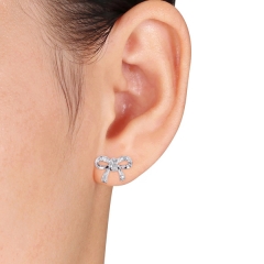 Women Jewelry Sterling Silver Cubic Zirconia Bowknot Stud Earrings