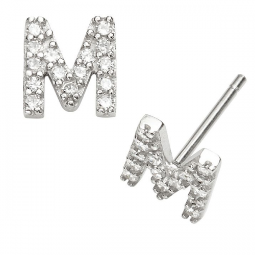 Sterling Silver Cubic Zirconia Letter of an Alphbet M Small Stud Earrings