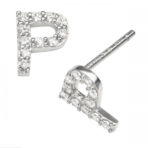 Sterling Silver Cubic Zirconia Letter of an Alphbet P Small Stud Earrings