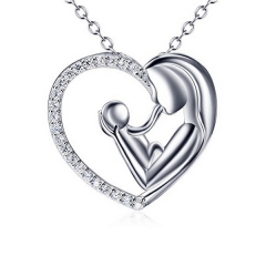 Sterling Silver CZ Mother and Child Love Heart Pendant Women Necklace