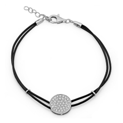 Sterling Silver Cubic Zirconia Micro Pave Round Circle Disc Leather Bracelet