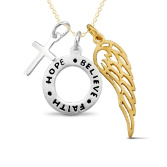 Sterling Silver Wing Hope Faith Believe and Cross Multi Charms Necklace