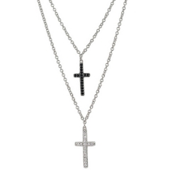 Sterling Silver Black and White Cubic Zirconia Two Layers Double Cross Necklace