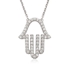 Turkish Design Sterling Silver Pave Cubic Zirconia Hamsa Hand Necklace