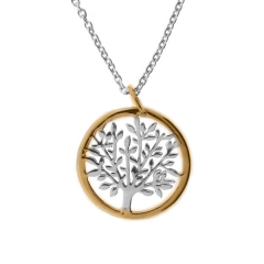 Two Color Plated Sterling Silver High Polish Circle Tree of Life Pendant Necklace