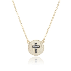 Sterling Silver Two Tone Plated Round Disc with Cross Pendant Necklace