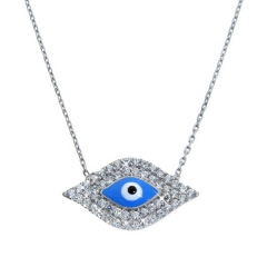 Fine Jewelry Sterling Silver Cubic Zieconia Enamel Blue Evil Eye Necklace