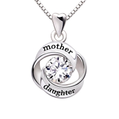 Sterling Silver Cubic Zirconia Mother and Daughter Love Pendant Necklace