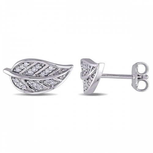 Fancy Jewelry 925 Sterling Silver Rhodium Plated CZ Leaf Stud Earrings