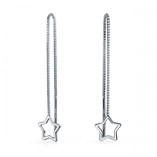 Rhodium Plated 925 Sterling Silver Five-point Star Threader Earrings