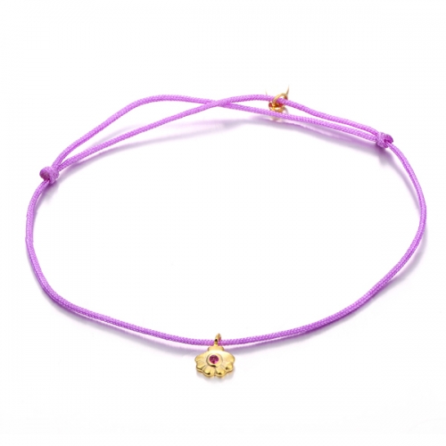 14K Gold Plated Sterling Silver Pink CZ Purple Cord Small Charm Shell Bracelet