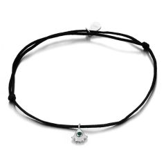 Handmade Sterling Silver Emerald CZ Black Nylon Cord Fatima Hand Bracelet