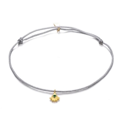 14K Yellow Gold Silver Emerald CZ Gray Nylon Cord Fatima Hand Bracelet