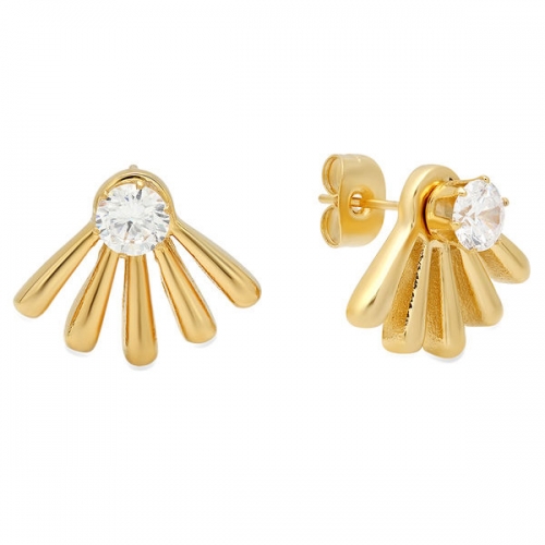 Fashion Sterling Silver 14K Gold Plated CZ Fan Ear Jacket Earrings