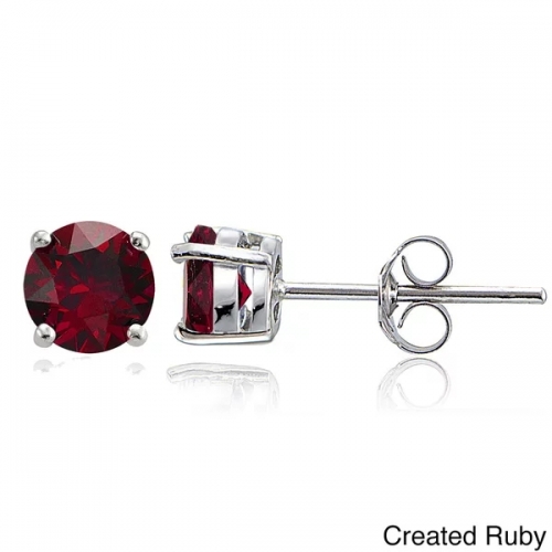 Sterling Silver Round Gemstone Birthstone Ruby Stud Earrings