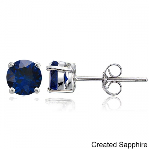 Sterling Silver Round Gemstone Birthstone Blue Sapphire Stud Earrings