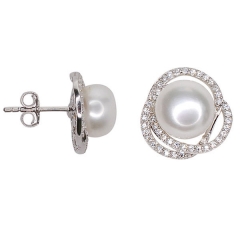 Sterling Silver Button Freshwater Pearl and Cubic Zirconia Flower Earrings